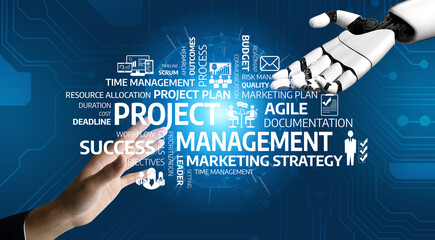 An engaging illustration showing the collaboration between human and robotic hands in project management, highlighting key elements like strategy, success, and efficiency. Tessel