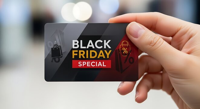 Black Friday Special: A hand holds a sleek, stylized card bearing the enticing words Black Friday Special, inviting shoppers to explore exclusive offers and celebrate the shopping spree.