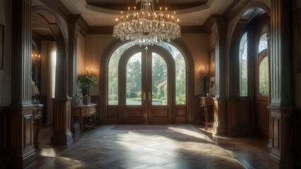 Fototapeta premium Grand Foyer Entrance with Crystal Chandelier and Arched French Doors Overlooking Lush Gardens