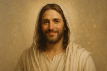 Fototapeta premium Serene portrait of Jesus Christ in soft golden light gentle expression peaceful atmosphere spiritual comfort sacred art contemporary realism