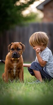 Young boy in backyard playing with his furry best friend