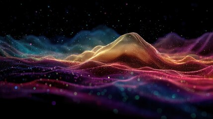 Abstract Digital Landscape of Colorful Glowing Particle Waves and Bokeh Lights