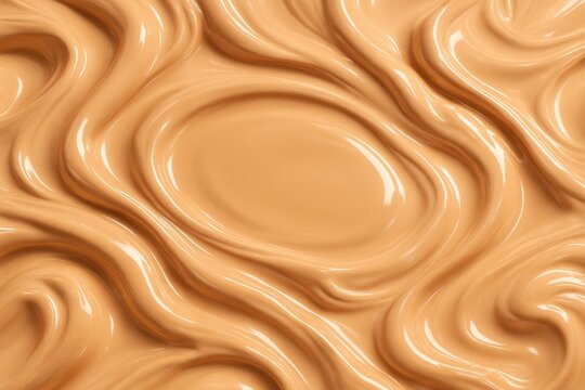Glossy nude cosmetic foundation swirl and drip macro texture flowing waves with subtle highlights aesthetic product background for beauty branding