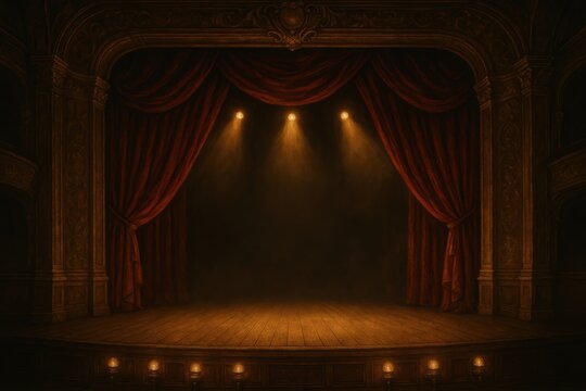 Grand theater stage with lush velvet red curtains and dramatic spotlights illuminating empty scene antique footlights ornate proscenium illustration