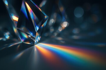 Iridescent crystal prism refraction abstract background with rainbow light caustics shimmering glass facets high gloss modern digital art texture