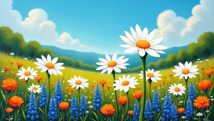 A vibrant meadow bursts with colorful wildflowers under a bright blue sky, showcasing a cheerful and joyful scene.
