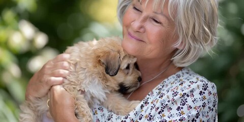 Older woman holding her furry companion pet - emotional support animal concept with dog