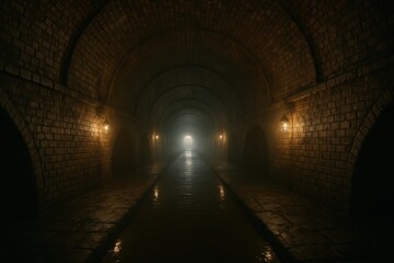 Obraz premium Moody underground brick drainage tunnel with reflective water pools and distant daylight glow for atmospheric urban infrastructure illustration