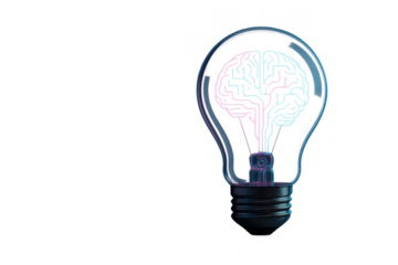 Neon glass light bulb formed from luminous brain circuitry symbolizing creativity innovation and bright ideas on a sleek dark tech background