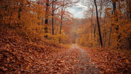 A winding dirt path through a forest ablaze with autumnal colors, showcasing a carpet of fallen leaves.