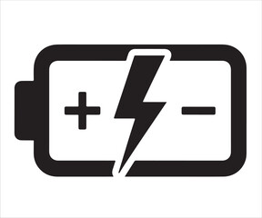 Fototapeta premium Battery with lightning bolt icon silhouette isolated on white background, black vector illustration of energy and power concept, electricity charge symbol design for technology, devices, and renewable