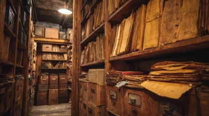 Obraz premium Vintage archive with tall wooden shelves and historical documents in warm ambient cinematic light