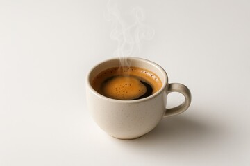 Naklejka premium Steaming cup of fresh coffee on pristine white background minimalist cafe style with aromatic vapor curls and soft shadows premium high key product shot
