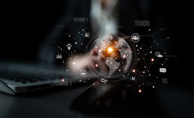 Global AI-powered digital network ecosystem connecting data, finance, analytics, ecommerce, communication, and automation across continents through technology and cloud Latch