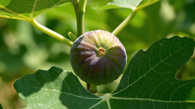 Fig fruit nestled among vibrant green leaves, showcasing the natural beauty and growth progression in a sunlit garden, highlighting the essence of organic cultivation and nature's bounty