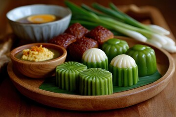Wood plate w green cakes  dipping sauces Brown pastries  green onions in the background