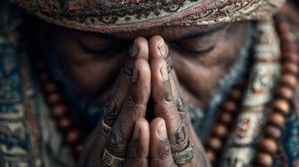 Deep meditation of ethnic mature man with closed eyes seeking inner peace