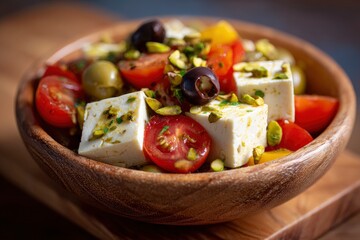 Wooden bowl filled with chunks of feta halved tomatoes olives and pistachios sitting on a cutting board