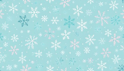 Light teal background with many small, simple snowflakes in pastel colors