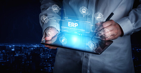 ERP platform visual showing centralized system for enterprise resource planning, improving integration, data flow, business efficiency, finance, inventory, and human resources. Spline