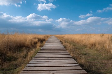 Wooden boardwalk path through field of dry grass under a blue sky with fluffy clouds