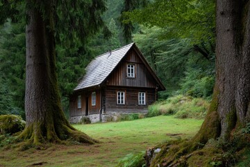 Wooden cabin in forest clearing surrounded by trees featuring grey shingled roof and mosscovered tree roots