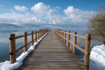 Wooden pier with railing stretches over a serene lake under a partly cloudy sky snow on sides
