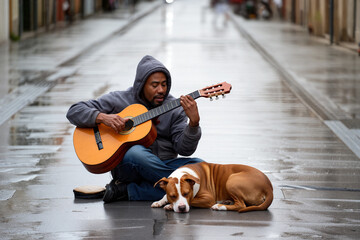 Homeless musician in a gray hoodie plays guitar on a wet street while his dog lies beside him. The rain creates a peaceful ambiance in the city. Generative AI.