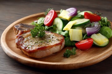 Wooden plate holding pork chop salad with tomato onion cucumber squash greens parsley garnish set on wood grain surface