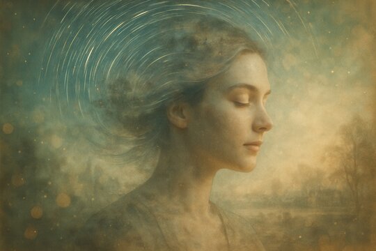 Surreal meditative portrait dissolving into layered timelines with flowing cosmic trails and faint memories symbolizing past life regression and deep hypnosis