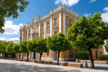 Yellow building with trees  benches under a blue sky