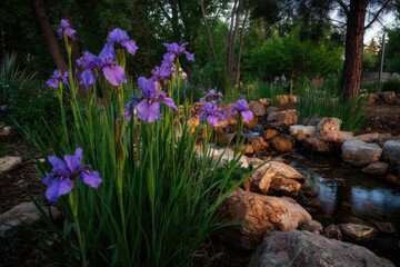 Purple irises bloom beside a tranquil garden stream.