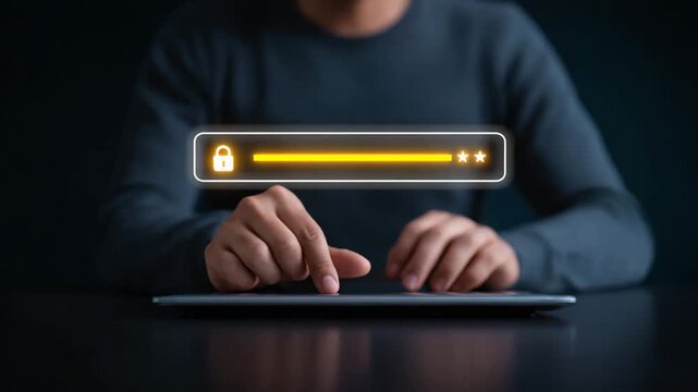 A person interacts with a digital device, showcasing a secure login process with a visible loading indicator and lock symbol.