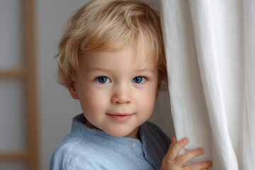 A blueeyed toddler with blonde hair peers out from behind a white curtain
