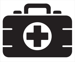 Obraz premium First aid kit icon with medical cross symbol isolated on white background, healthcare and emergency box illustration, black silhouette vector design for hospital, clinic, rescue, and medical assistanc