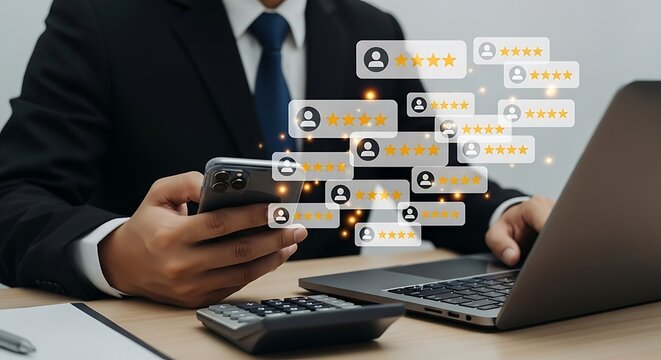 Boost your online reputation with positive customer reviews and ratings on mobile using a laptop in a modern office setting, build trust and credibility - Powered by Adobe
