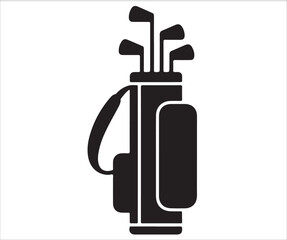 Black silhouette of golf bag with clubs icon isolated on white background, sports equipment illustration, leisure and recreation symbol, vector design element for golf game, training, and outdoor acti
