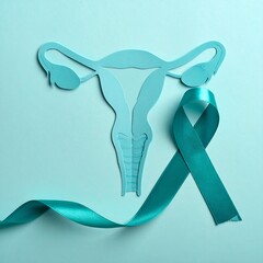 Light teal female reproductive system graphic with teal ribbon