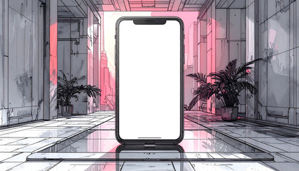 Smartphone Mockup in Futuristic Sketch-Style Hallway with Neon Lighting.