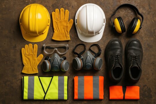 Comprehensive industrial safety gear set arranged on dark workshop surface including hard hats gloves goggles respirators ear protection and high visibility wear