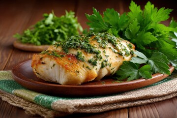 A cooked fillet of fish rests on a wooden plate garnished with herbs and set on a brown and green woven napkin