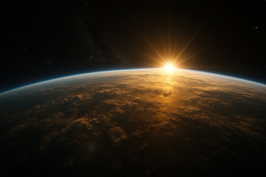 Glowing earth limb from orbit sunrise over blue oceans and cloud tops detailed atmosphere and stars hyper realistic satellite perspective