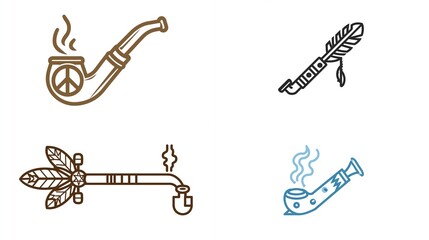 Four line art pipes peace pipe, tobacco pipe, arrow pipe, smoking pipe design collection
