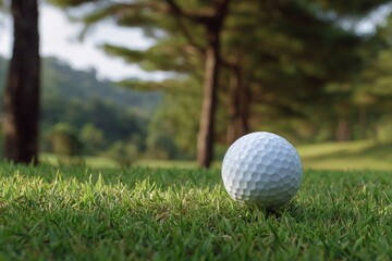 A golf ball nestled in lush green grass on a course blurred trees in the background