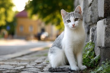 A gray and white kitten sits on a stone path near a stone wall looking at the viewer