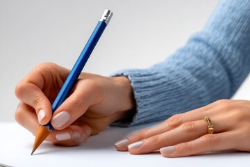 A hand wearing a blue sweater holding a blue pencil and writing on a white surface
