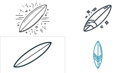Four minimalist line art surfboards ready for summer vacation adventures by the ocean