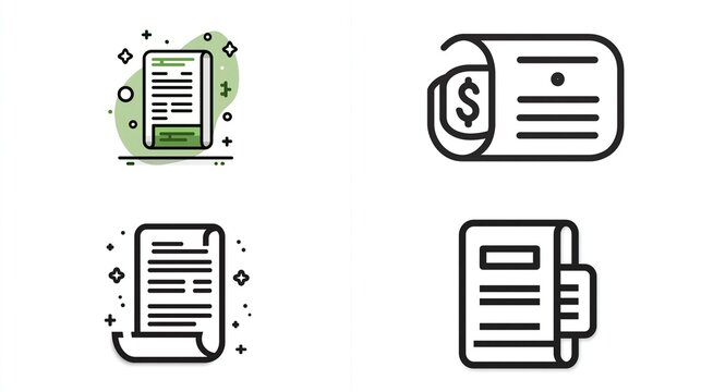 Icons showing documents or papers, some rolled up, others with financial symbols