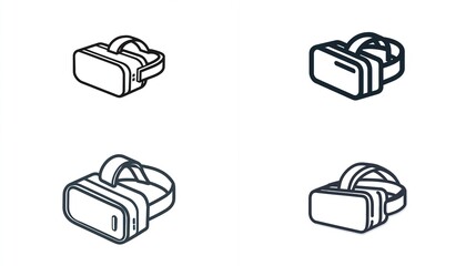 Outline illustrations of virtual reality headsets for gaming, education, and entertainment