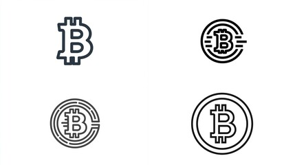 Four stylized renderings of a digital currency symbol in outlined design variants